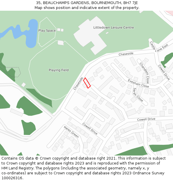 35, BEAUCHAMPS GARDENS, BOURNEMOUTH, BH7 7JE: Location map and indicative extent of plot