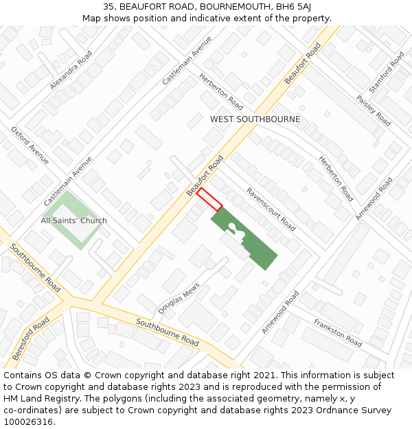 35, BEAUFORT ROAD, BOURNEMOUTH, BH6 5AJ: Location map and indicative extent of plot