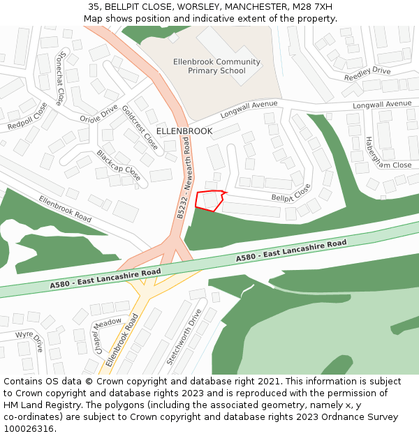 35, BELLPIT CLOSE, WORSLEY, MANCHESTER, M28 7XH: Location map and indicative extent of plot