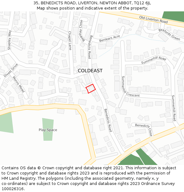 35, BENEDICTS ROAD, LIVERTON, NEWTON ABBOT, TQ12 6JL: Location map and indicative extent of plot