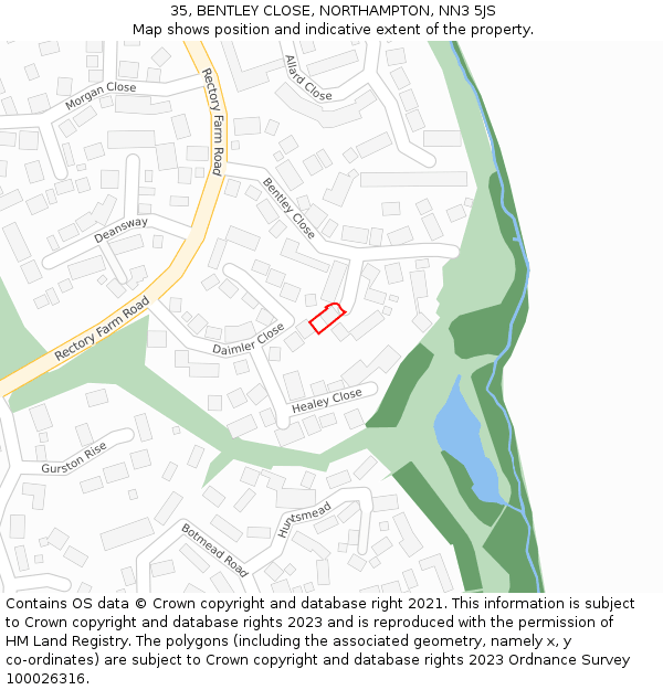 35, BENTLEY CLOSE, NORTHAMPTON, NN3 5JS: Location map and indicative extent of plot