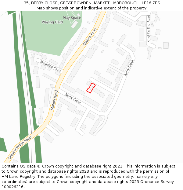 35, BERRY CLOSE, GREAT BOWDEN, MARKET HARBOROUGH, LE16 7ES: Location map and indicative extent of plot