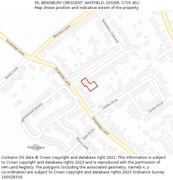 35, BEWSBURY CRESCENT, WHITFIELD, DOVER, CT16 3EU: Location map and indicative extent of plot