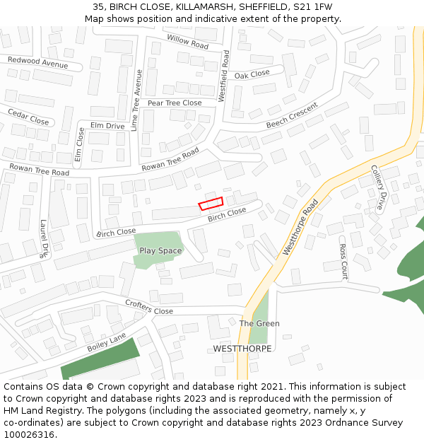 35, BIRCH CLOSE, KILLAMARSH, SHEFFIELD, S21 1FW: Location map and indicative extent of plot