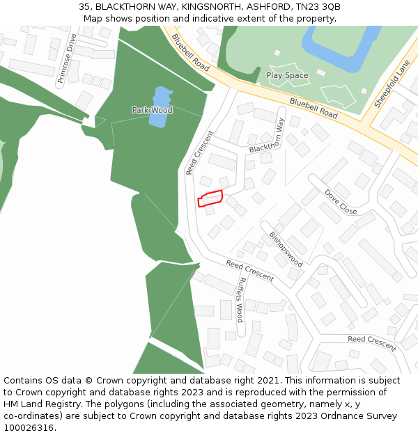 35, BLACKTHORN WAY, KINGSNORTH, ASHFORD, TN23 3QB: Location map and indicative extent of plot