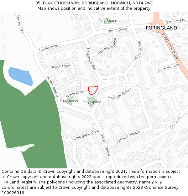 35, BLACKTHORN WAY, PORINGLAND, NORWICH, NR14 7WD: Location map and indicative extent of plot