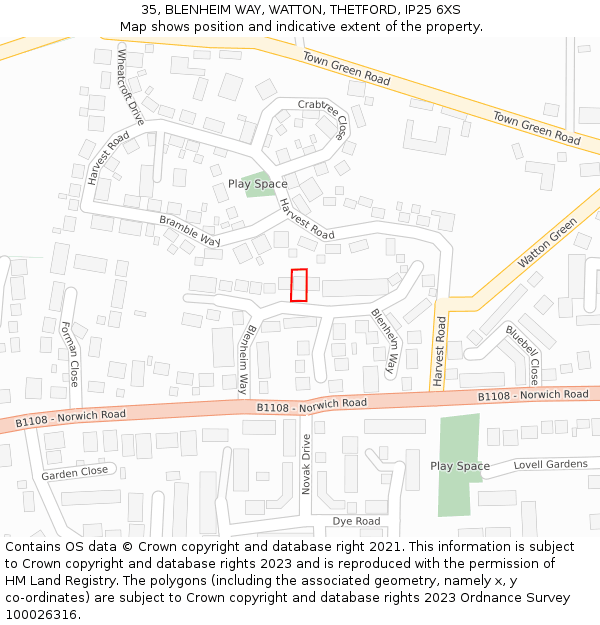 35, BLENHEIM WAY, WATTON, THETFORD, IP25 6XS: Location map and indicative extent of plot