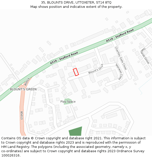 35, BLOUNTS DRIVE, UTTOXETER, ST14 8TQ: Location map and indicative extent of plot