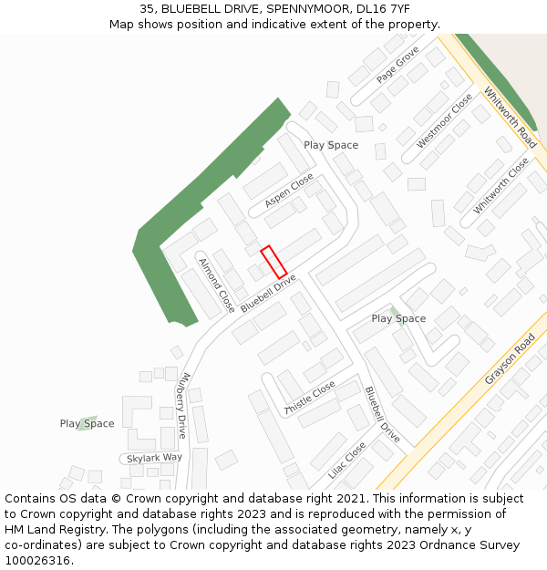 35, BLUEBELL DRIVE, SPENNYMOOR, DL16 7YF: Location map and indicative extent of plot