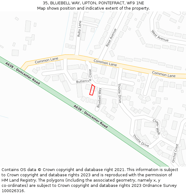 35, BLUEBELL WAY, UPTON, PONTEFRACT, WF9 1NE: Location map and indicative extent of plot