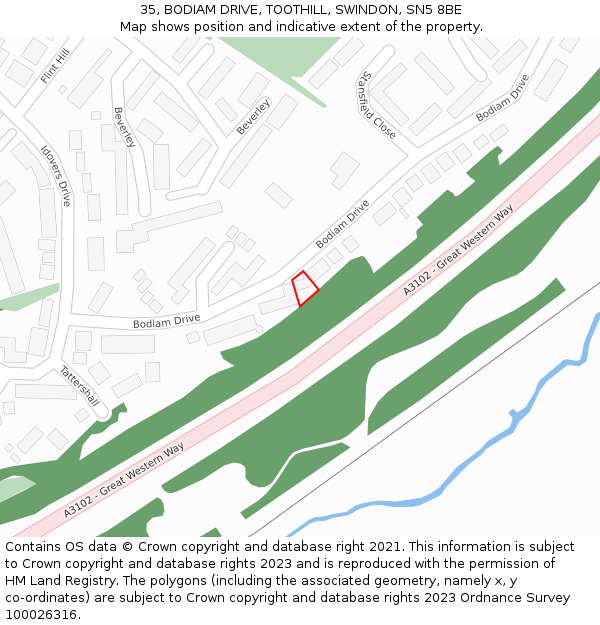 35, BODIAM DRIVE, TOOTHILL, SWINDON, SN5 8BE: Location map and indicative extent of plot