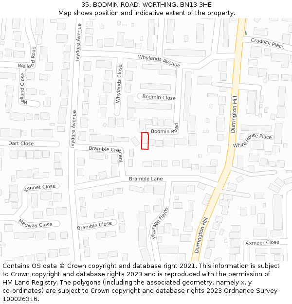35, BODMIN ROAD, WORTHING, BN13 3HE: Location map and indicative extent of plot