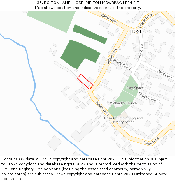 35, BOLTON LANE, HOSE, MELTON MOWBRAY, LE14 4JE: Location map and indicative extent of plot