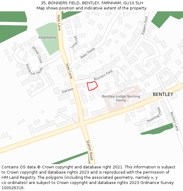 35, BONNERS FIELD, BENTLEY, FARNHAM, GU10 5LH: Location map and indicative extent of plot