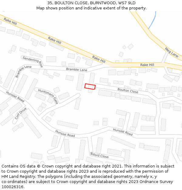 35, BOULTON CLOSE, BURNTWOOD, WS7 9LD: Location map and indicative extent of plot
