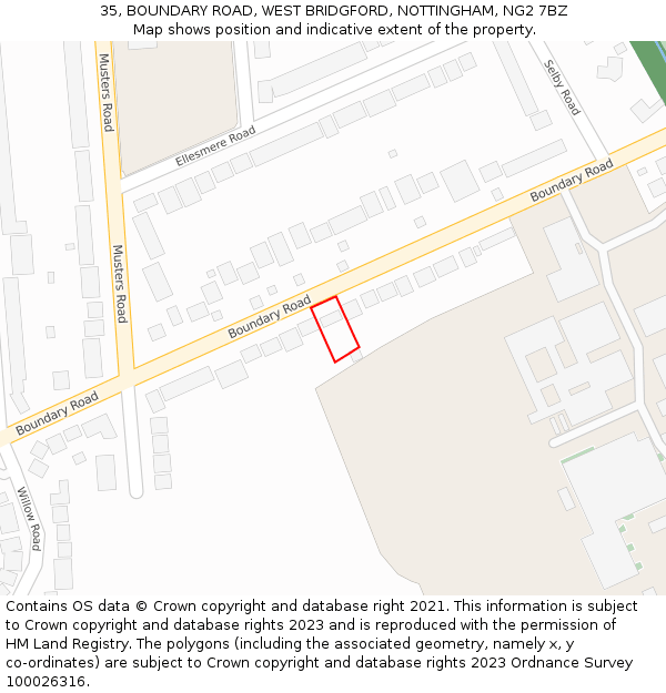 35, BOUNDARY ROAD, WEST BRIDGFORD, NOTTINGHAM, NG2 7BZ: Location map and indicative extent of plot