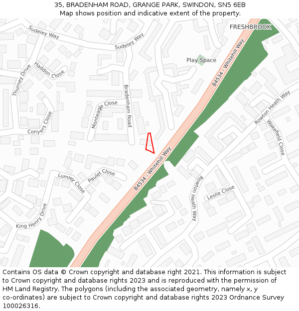 35, BRADENHAM ROAD, GRANGE PARK, SWINDON, SN5 6EB: Location map and indicative extent of plot