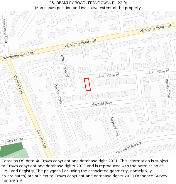 35, BRAMLEY ROAD, FERNDOWN, BH22 9JJ: Location map and indicative extent of plot