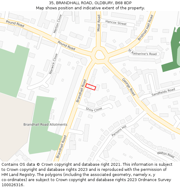 35, BRANDHALL ROAD, OLDBURY, B68 8DP: Location map and indicative extent of plot