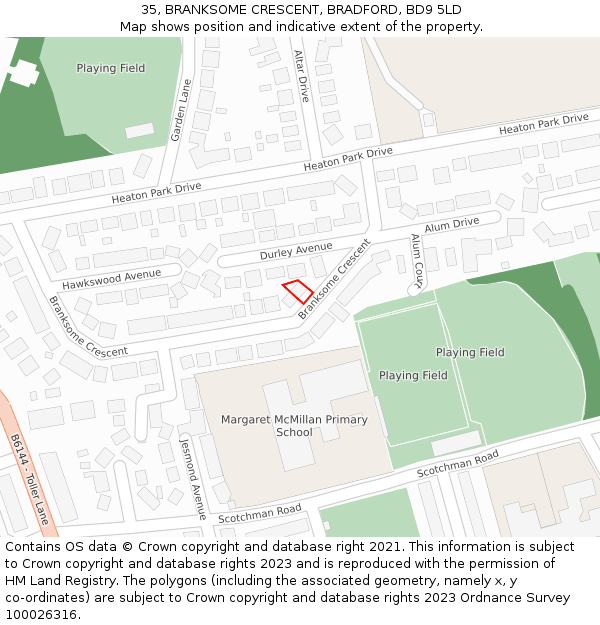 35, BRANKSOME CRESCENT, BRADFORD, BD9 5LD: Location map and indicative extent of plot