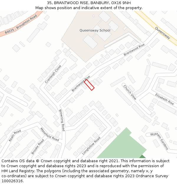 35, BRANTWOOD RISE, BANBURY, OX16 9NH: Location map and indicative extent of plot