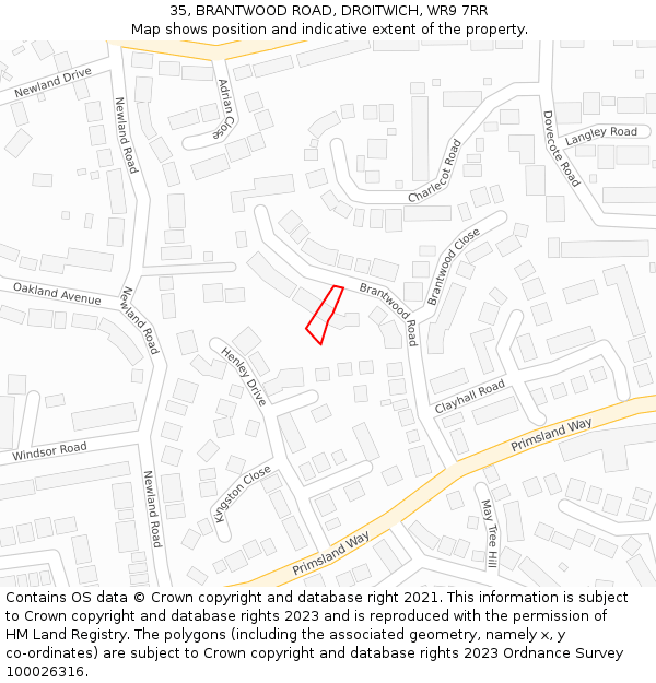 35, BRANTWOOD ROAD, DROITWICH, WR9 7RR: Location map and indicative extent of plot