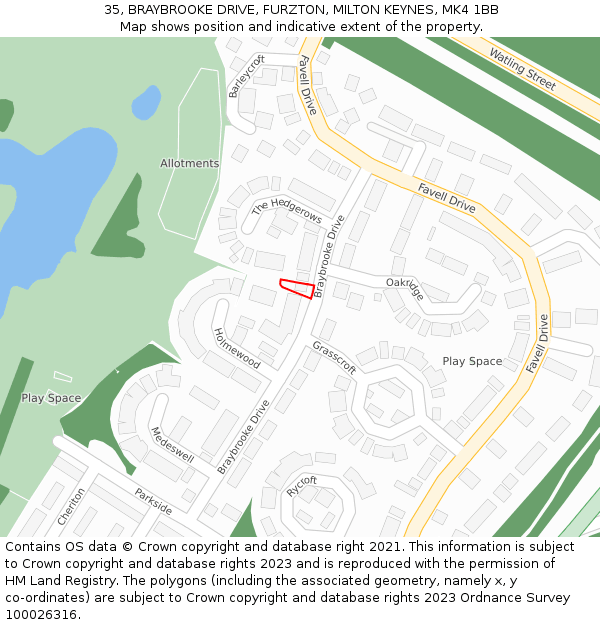 35, BRAYBROOKE DRIVE, FURZTON, MILTON KEYNES, MK4 1BB: Location map and indicative extent of plot