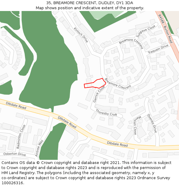 35, BREAMORE CRESCENT, DUDLEY, DY1 3DA: Location map and indicative extent of plot