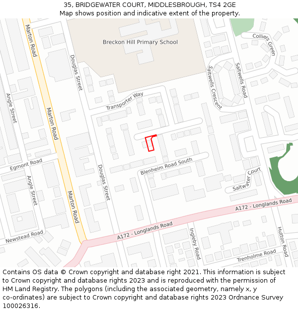 35, BRIDGEWATER COURT, MIDDLESBROUGH, TS4 2GE: Location map and indicative extent of plot