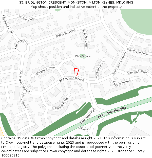 35, BRIDLINGTON CRESCENT, MONKSTON, MILTON KEYNES, MK10 9HG: Location map and indicative extent of plot