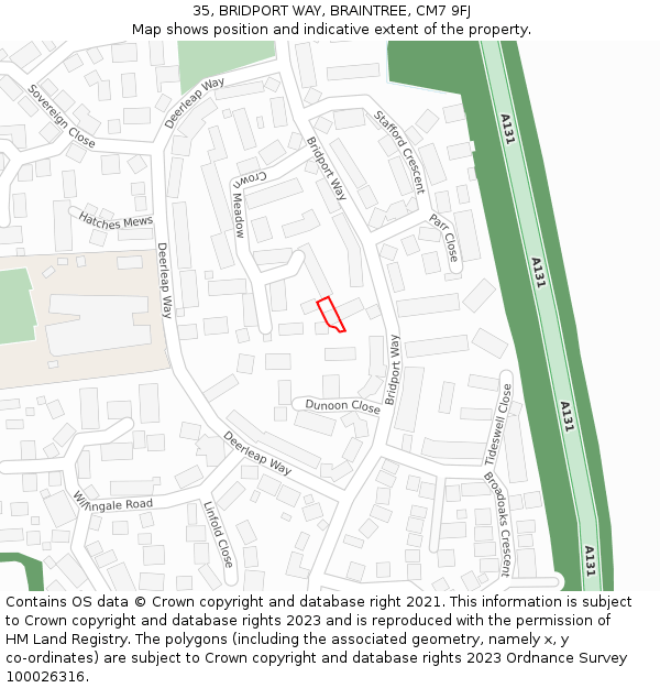 35, BRIDPORT WAY, BRAINTREE, CM7 9FJ: Location map and indicative extent of plot
