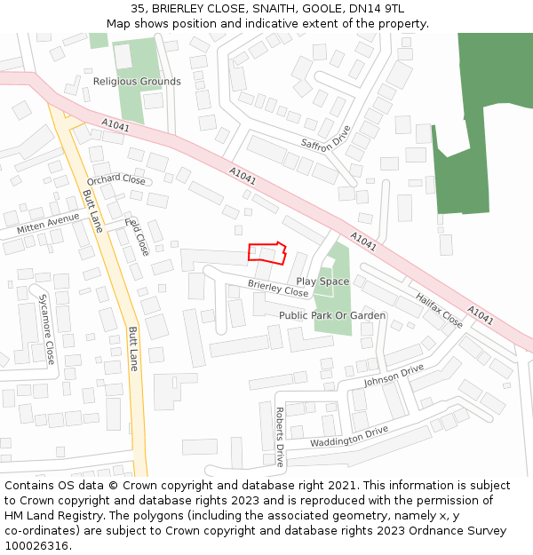 35, BRIERLEY CLOSE, SNAITH, GOOLE, DN14 9TL: Location map and indicative extent of plot