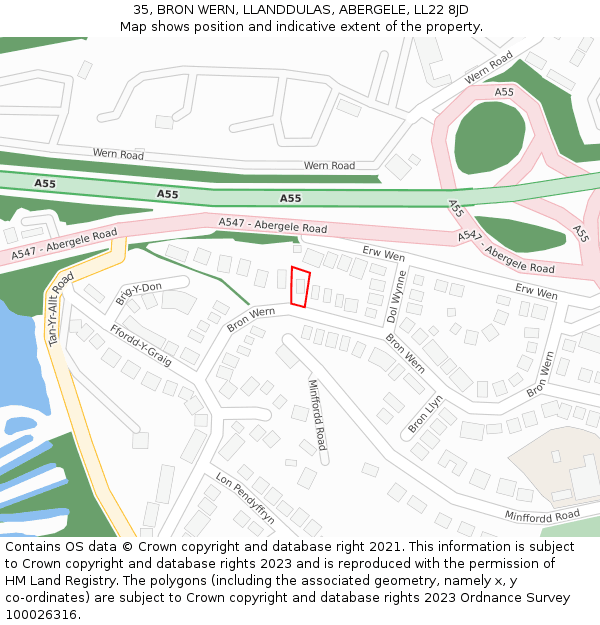 35, BRON WERN, LLANDDULAS, ABERGELE, LL22 8JD: Location map and indicative extent of plot