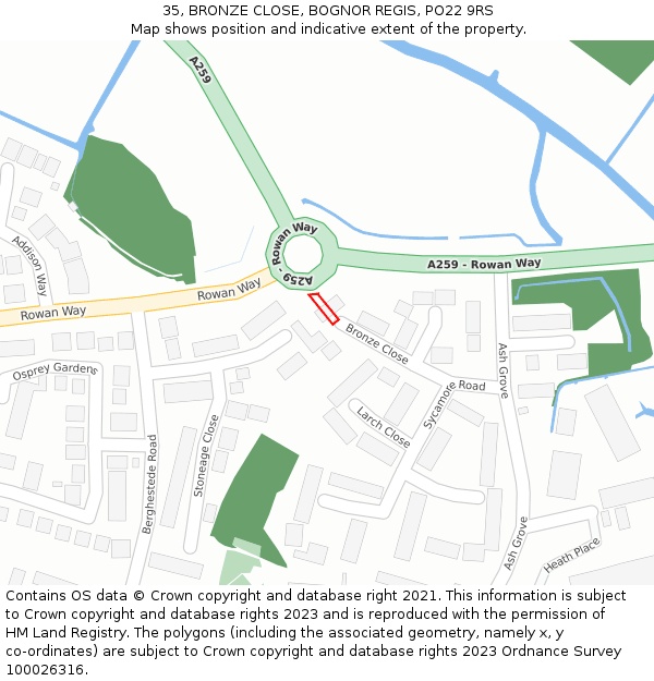 35, BRONZE CLOSE, BOGNOR REGIS, PO22 9RS: Location map and indicative extent of plot