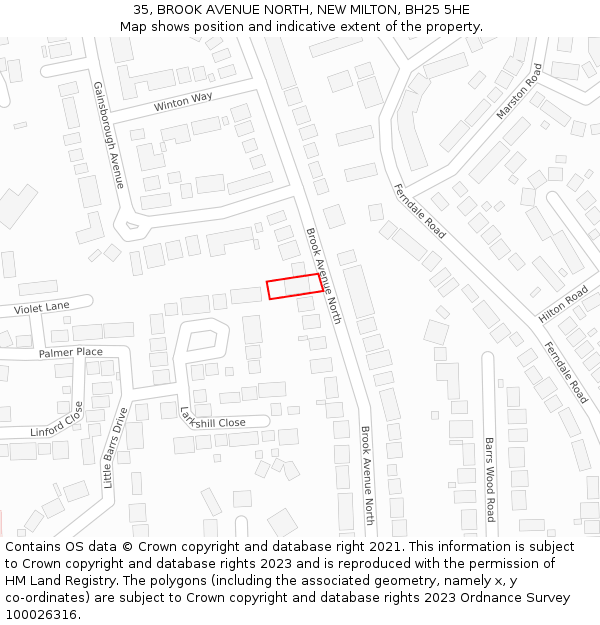 35, BROOK AVENUE NORTH, NEW MILTON, BH25 5HE: Location map and indicative extent of plot