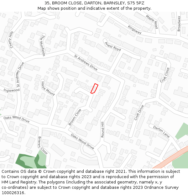 35, BROOM CLOSE, DARTON, BARNSLEY, S75 5PZ: Location map and indicative extent of plot