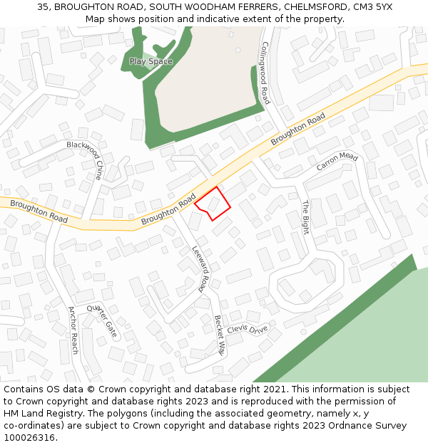 35, BROUGHTON ROAD, SOUTH WOODHAM FERRERS, CHELMSFORD, CM3 5YX: Location map and indicative extent of plot