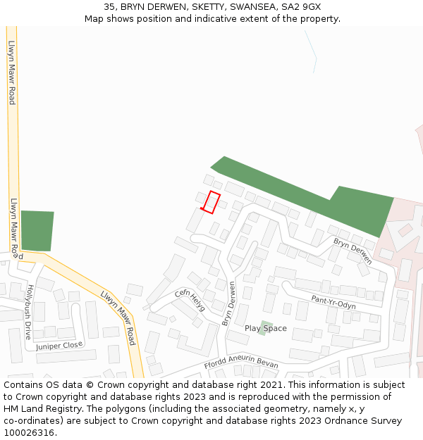 35, BRYN DERWEN, SKETTY, SWANSEA, SA2 9GX: Location map and indicative extent of plot