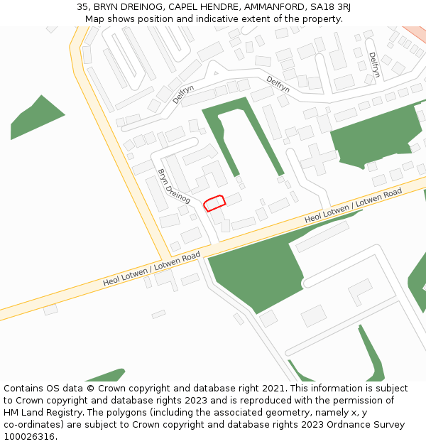 35, BRYN DREINOG, CAPEL HENDRE, AMMANFORD, SA18 3RJ: Location map and indicative extent of plot