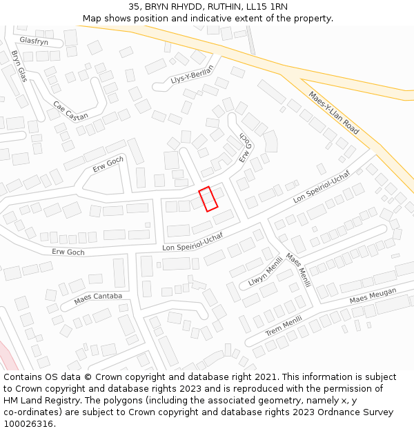 35, BRYN RHYDD, RUTHIN, LL15 1RN: Location map and indicative extent of plot