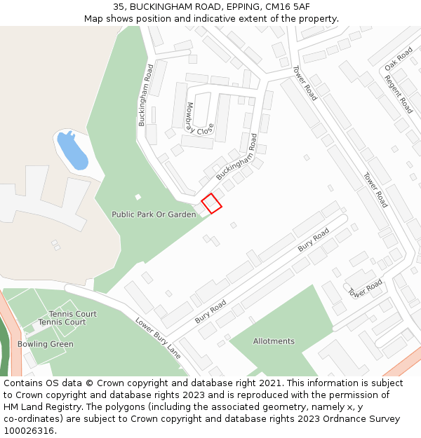 35, BUCKINGHAM ROAD, EPPING, CM16 5AF: Location map and indicative extent of plot
