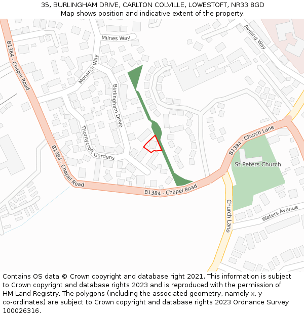 35, BURLINGHAM DRIVE, CARLTON COLVILLE, LOWESTOFT, NR33 8GD: Location map and indicative extent of plot