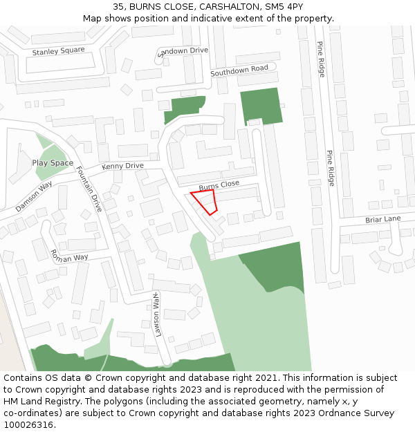 35, BURNS CLOSE, CARSHALTON, SM5 4PY: Location map and indicative extent of plot