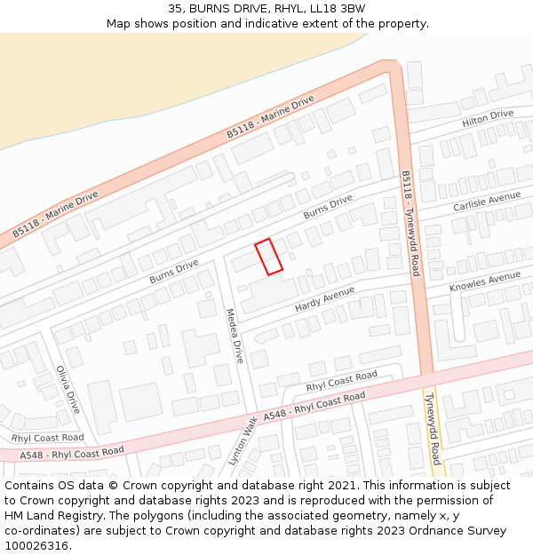 35, BURNS DRIVE, RHYL, LL18 3BW: Location map and indicative extent of plot