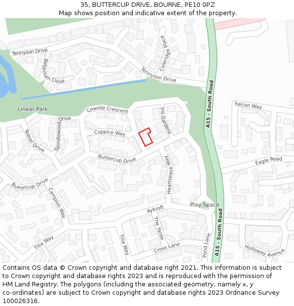 35, BUTTERCUP DRIVE, BOURNE, PE10 0PZ: Location map and indicative extent of plot