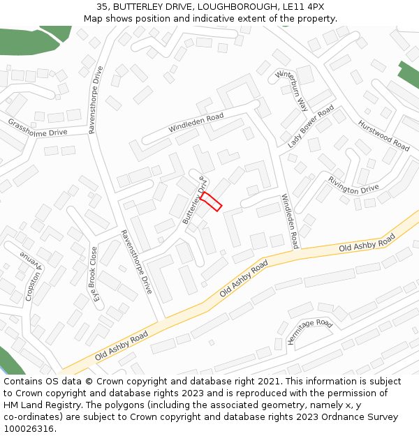 35, BUTTERLEY DRIVE, LOUGHBOROUGH, LE11 4PX: Location map and indicative extent of plot