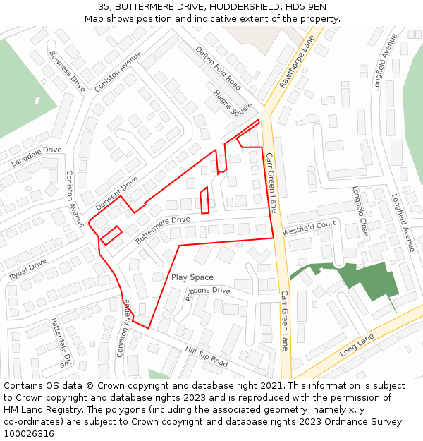 35, BUTTERMERE DRIVE, HUDDERSFIELD, HD5 9EN: Location map and indicative extent of plot