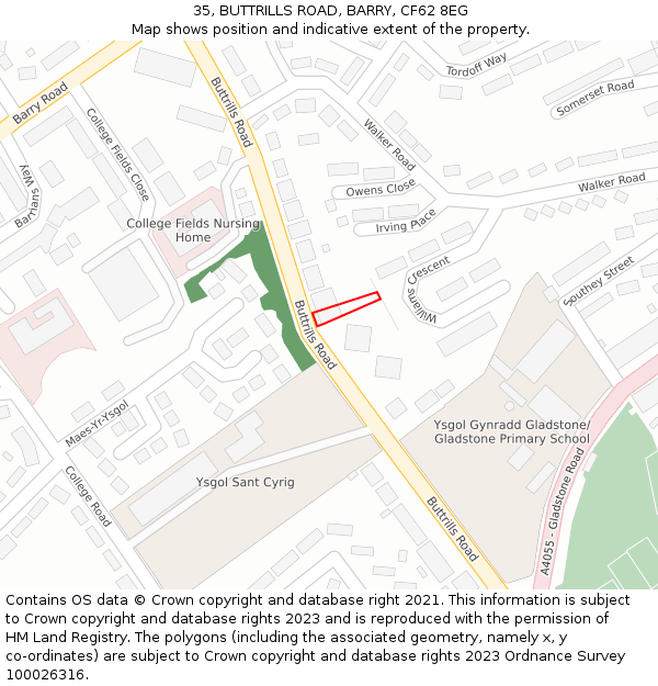 35, BUTTRILLS ROAD, BARRY, CF62 8EG: Location map and indicative extent of plot