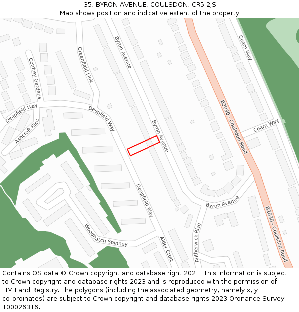 35, BYRON AVENUE, COULSDON, CR5 2JS: Location map and indicative extent of plot