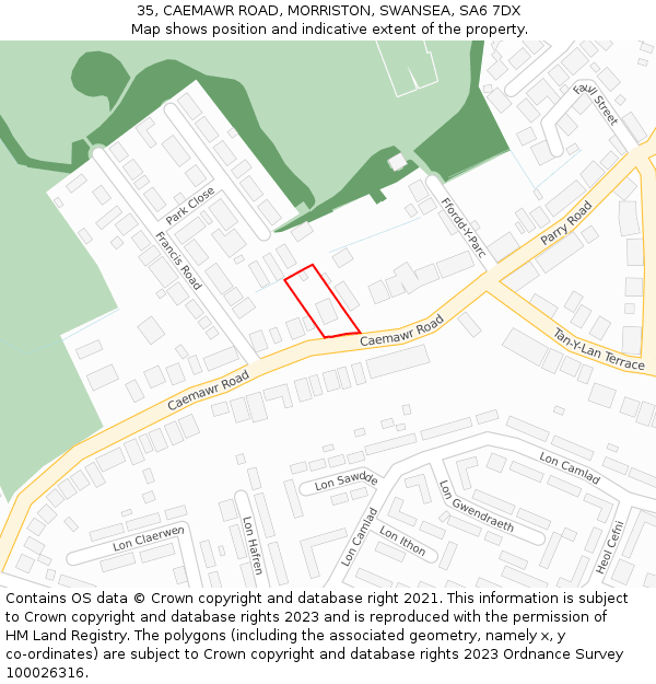 35, CAEMAWR ROAD, MORRISTON, SWANSEA, SA6 7DX: Location map and indicative extent of plot